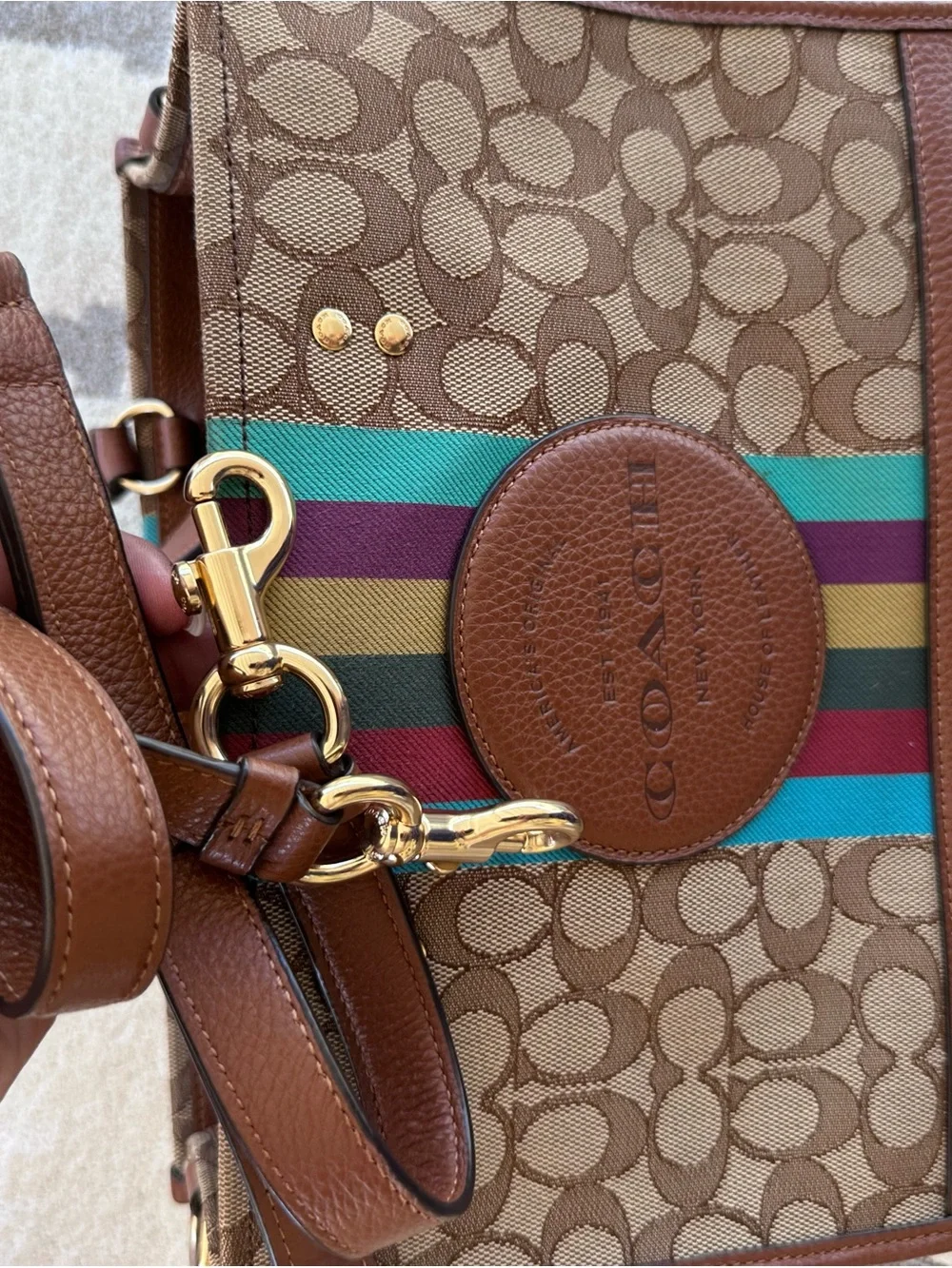 Coach Brown Signature Canvas Tote with Multicolor Vertical Stripe - Picture 2 of 11